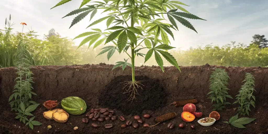 Cannabis plant growing in nutrient-rich soil, surrounded by compost ingredients like coffee beans, watermelon, and peach slices in a natural outdoor setting