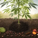 Cannabis plant growing in nutrient-rich soil, surrounded by compost ingredients like coffee beans, watermelon, and peach slices in a natural outdoor setting