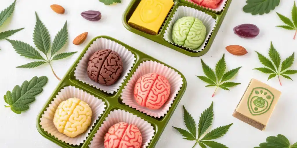 Selection of colorful cannabis edibles shaped like brains, displayed with cannabis leaves and nuts