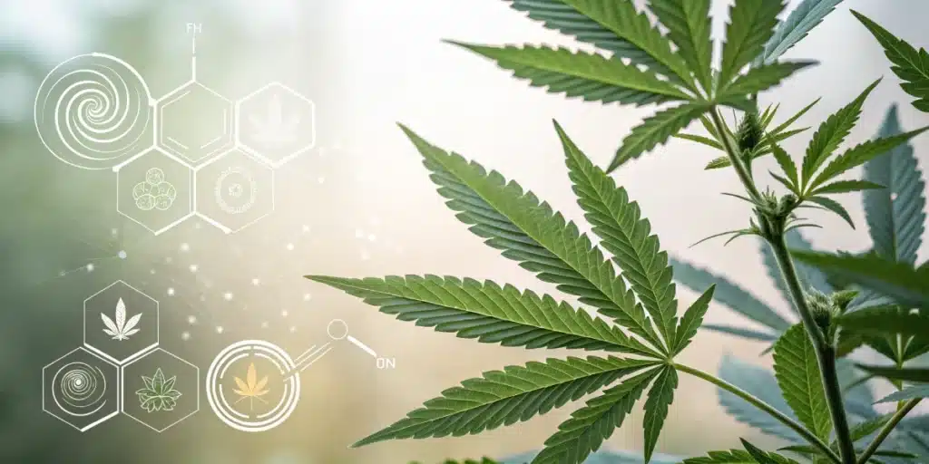 Close-up of vibrant cannabis leaves with digital hexagonal icons representing chemical compounds and scientific analysis.