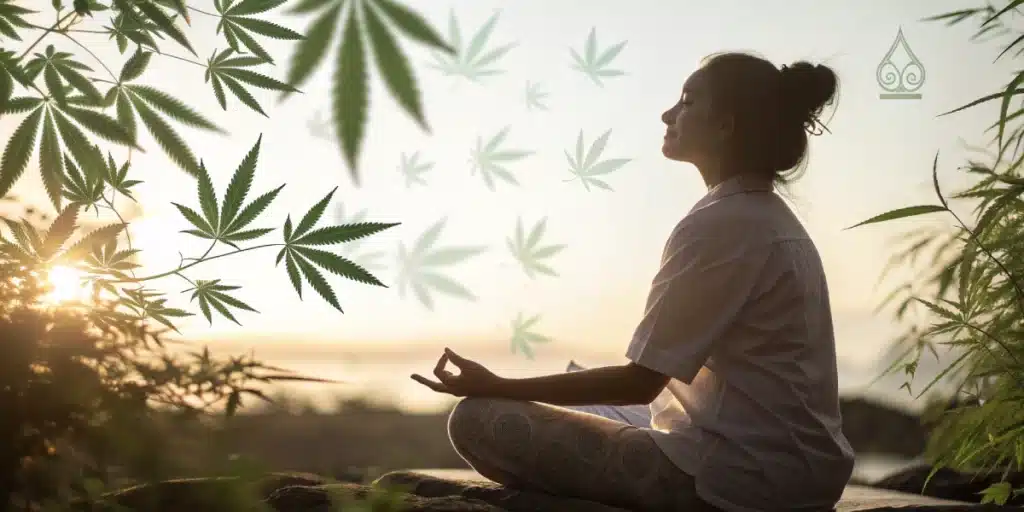 Peaceful woman in a seated meditation pose at sunrise, with floating cannabis leaf graphics and surrounding natural foliage