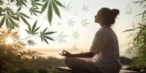 Peaceful woman in a seated meditation pose at sunrise, with floating cannabis leaf graphics and surrounding natural foliage