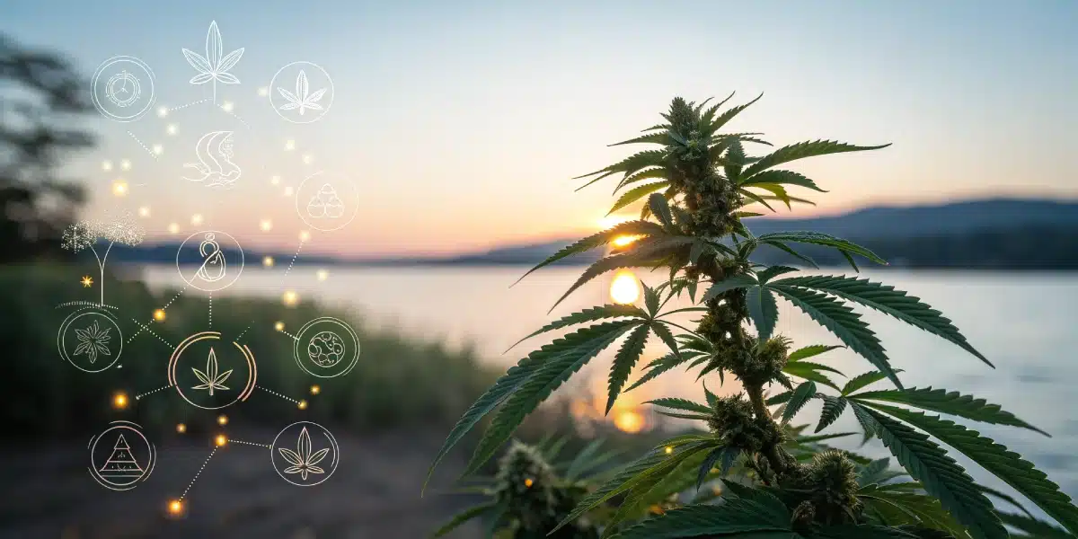 Mature cannabis plant silhouetted against the setting sun near a lake, with glowing cannabis-themed icons floating in the scene.