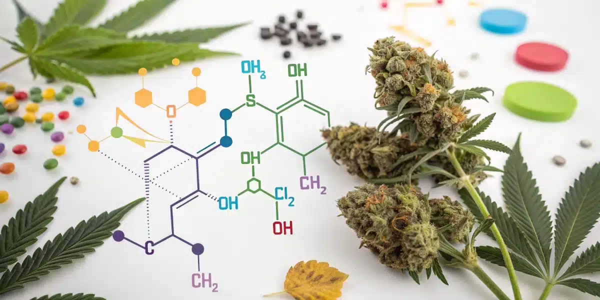 Fresh cannabis buds and leaves on a white surface, accompanied by a colorful molecular structure graphic, symbolizing cannabinoid compounds