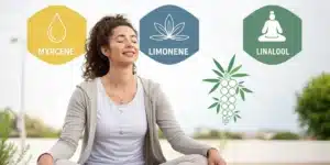 Woman meditating outdoors with terpene icons for myrcene, limonene, and linalool, symbolizing relaxation and stress relief