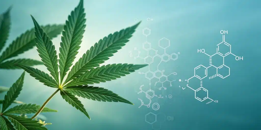 Cannabis leaf in soft sunlight with complex chemical structures overlaid, representing cannabinoid and terpene profiles