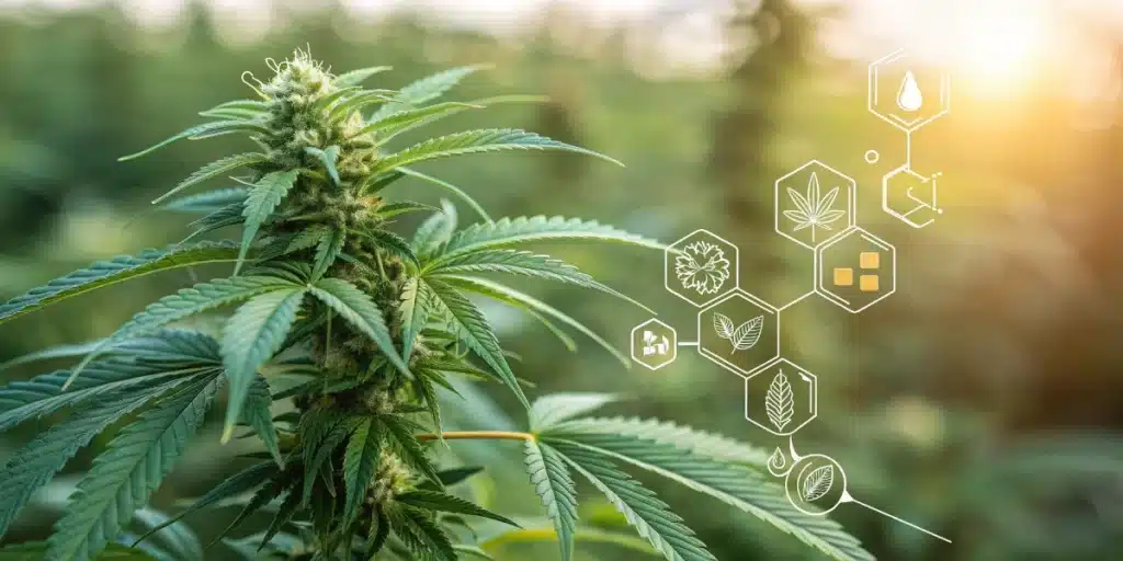 Cannabis plant in a sunlit field, overlaid with hexagonal diagrams of cannabinoids, terpenes, and plant features representing compound interactions.