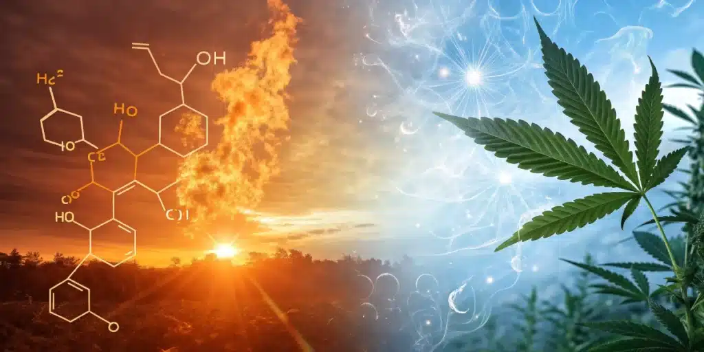 Split image of fiery sunset and cool blue cannabis field, overlaid with molecular structures, illustrating the dual calming and energizing effects of cannabinoids.