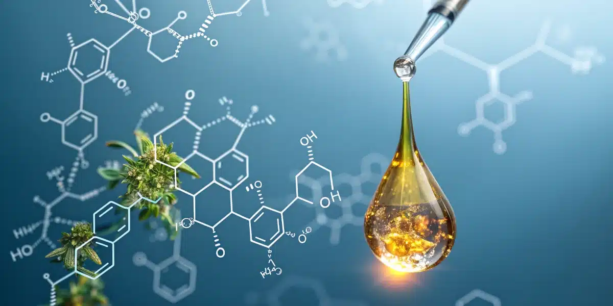 Dropper releasing golden cannabis oil with molecular diagrams, symbolizing the fusion of cannabinoids and terpenes for therapeutic benefits.