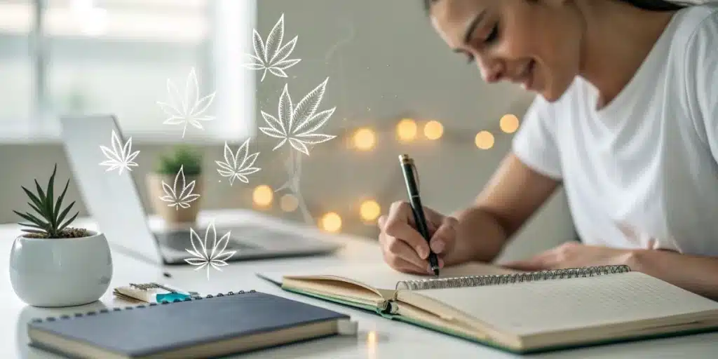 Young woman focused on writing at a desk, surrounded by notebooks, plants, and decorative floating cannabis leaf graphics, with a relaxed ambiance of warm fairy lights