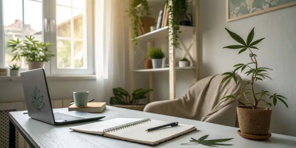 Cozy desk setup featuring a laptop, open notebook, and a small cannabis plant in a pot, with natural light streaming through a large window and shelves of indoor plants in the background