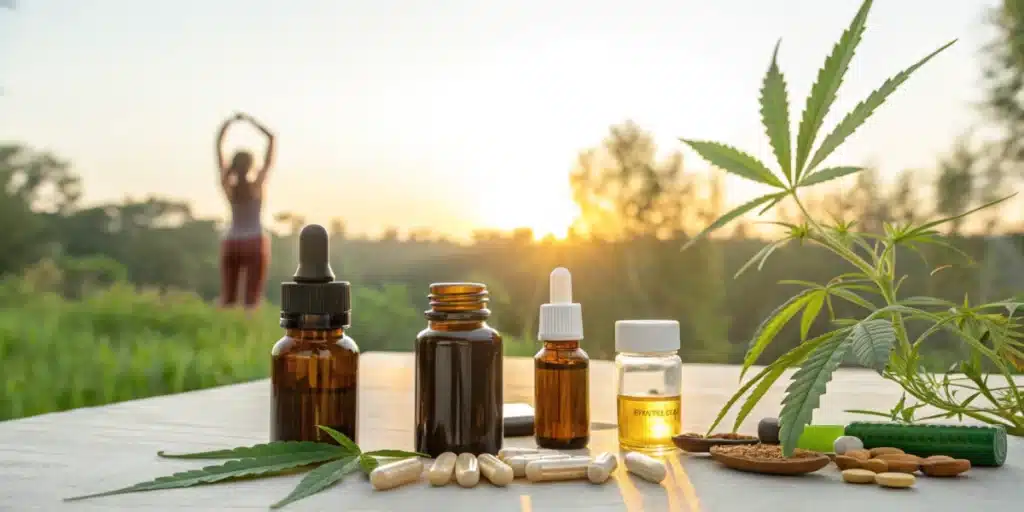 Assorted CBD products, including dropper bottles, capsules, and cannabis leaves, displayed on a table with a woman stretching in the background at sunset