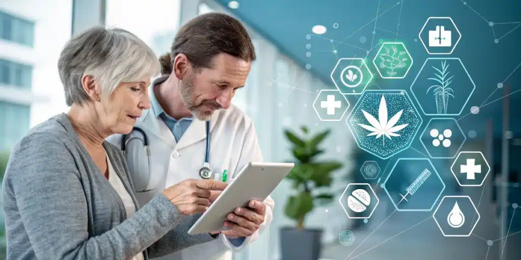 Medical professional showing a digital tablet to an elderly patient, with floating cannabis-related health icons symbolizing treatment options