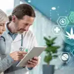 Medical professional showing a digital tablet to an elderly patient, with floating cannabis-related health icons symbolizing treatment options