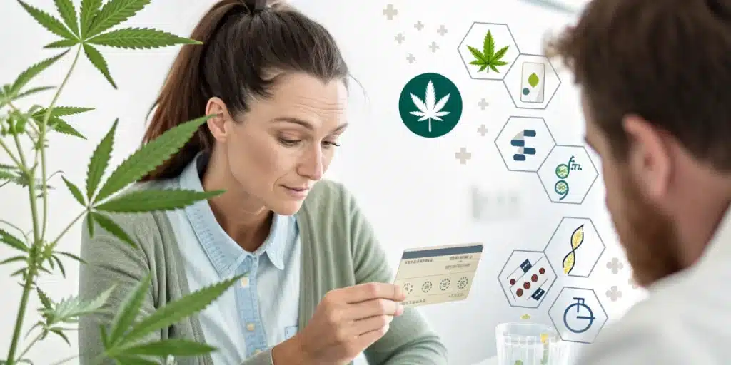 Focused woman holding a medical cannabis card, surrounded by digital icons depicting cannabis and healthcare, with a cannabis plant in the foreground