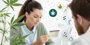 Focused woman holding a medical cannabis card, surrounded by digital icons depicting cannabis and healthcare, with a cannabis plant in the foreground