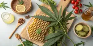 Cutting board with honeycomb, cannabis leaves, and various fresh ingredients like lemon, cherry tomatoes, and herbs, highlighting cannabis honey preparation