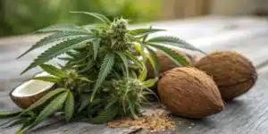 Close-up of cannabis buds paired with coconuts, illustrating the preparation of cannabis-infused coconut oil.
