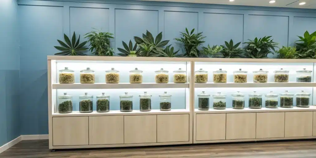 Premium cannabis products for anxiety treatment displayed in a modern store setting with a calming blue background.