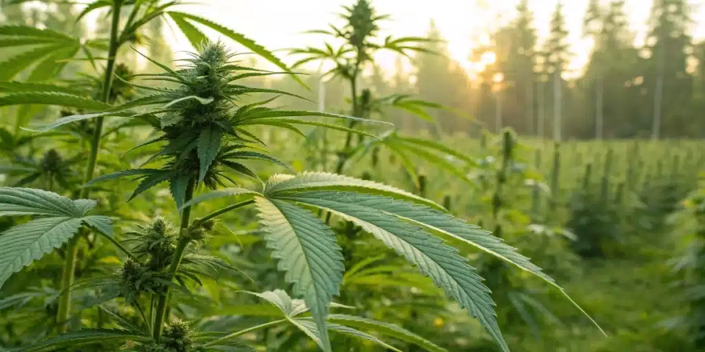 Lush cannabis plants bathed in sunlight on a sustainable farm, symbolizing natural cannabis for anxiety treatment.