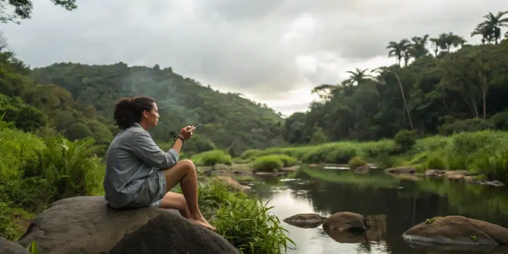 Individual enjoying nature with a cannabis product, representing cannabis for anxiety treatment as a natural stress reliever.