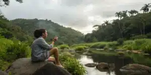 Individual enjoying nature with a cannabis product, representing cannabis for anxiety treatment as a natural stress reliever.