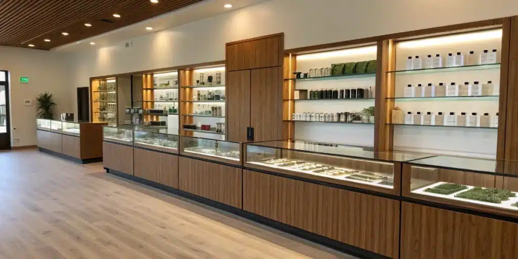 Dispensary display of premium products for cannabis for asthma treatment in a modern, clean setting.
