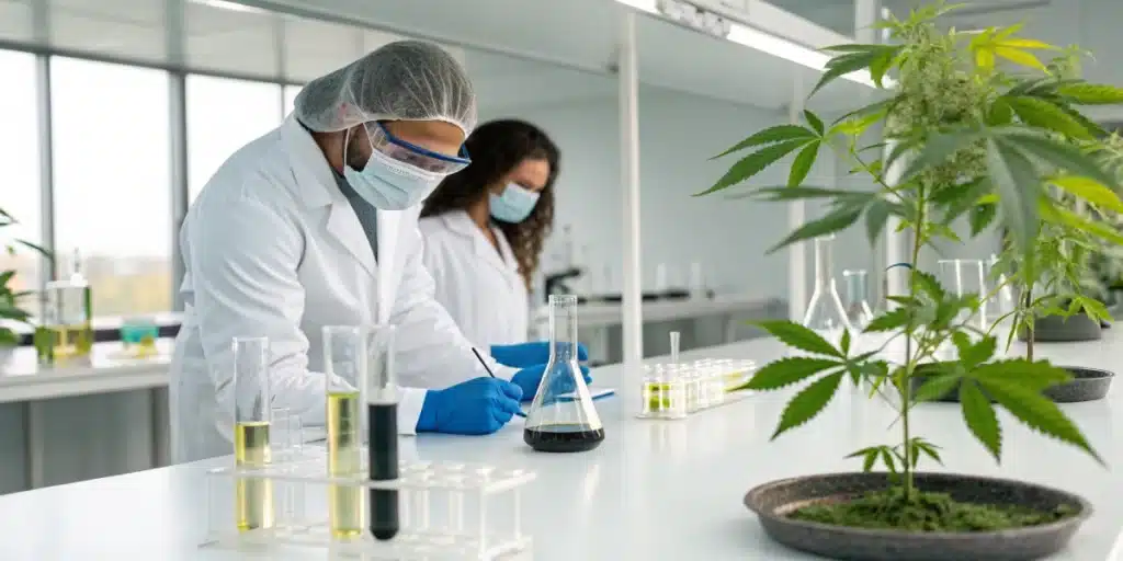 Laboratory setting with cannabis extracts and scientific equipment, highlighting cannabis for asthma treatment research.