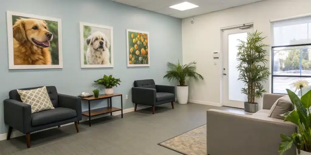 Modern veterinary clinic waiting area with comfortable seating, plants, and dog portraits on a light blue wall.