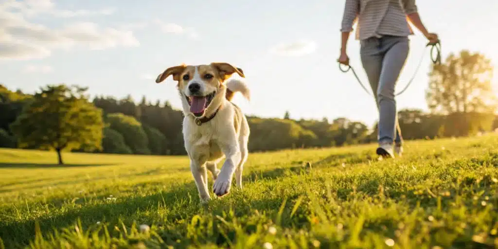 Happy dog running on leash in sunny green grass, with person walking in background.