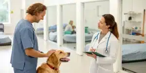 Male vet petting a golden retriever, talking to a female vet with a clipboard in a bright clinic with kennels.