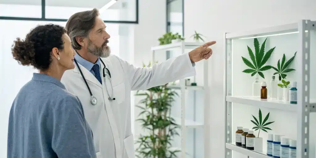 Doctor discussing cannabis for lung cancer treatment with a patient in a contemporary medical setting.
