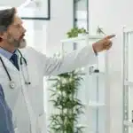Doctor discussing cannabis for lung cancer treatment with a patient in a contemporary medical setting.
