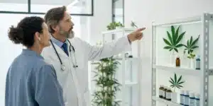 Doctor discussing cannabis for lung cancer treatment with a patient in a contemporary medical setting.