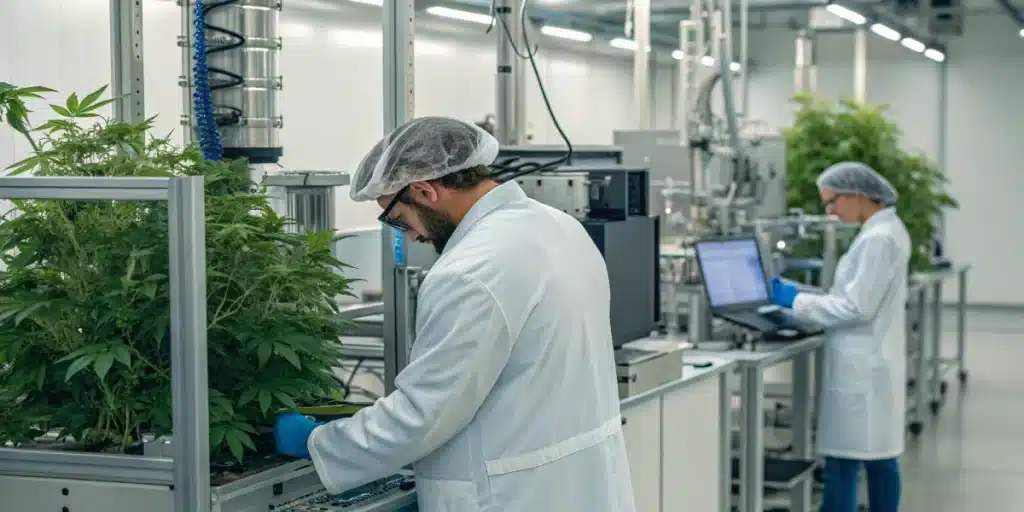 Scientists examining cannabis for lung cancer treatment in a well-equipped research lab.