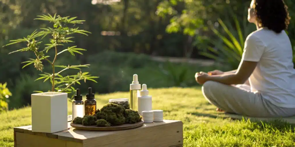 A person meditating outdoors with cannabis products representing natural support in cannabis for mental illness treatment.