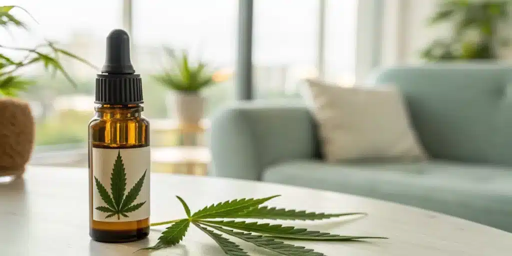 Close-up of a cannabis oil bottle designed for mental illness treatment, displayed in a serene, modern setting.