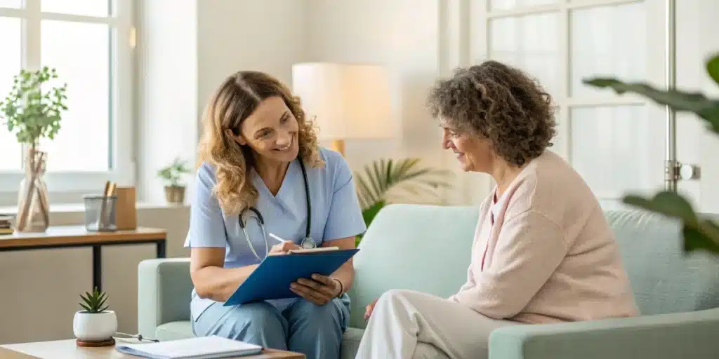 Healthcare professional and patient in a calm clinic setting discussing cannabis for mental illness treatment as a natural therapeutic option.