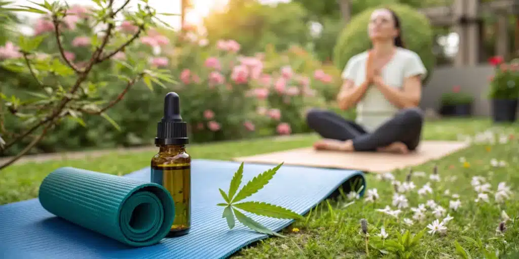 CBD dropper bottle on a rolled yoga mat with a cannabis leaf in a garden, while a woman meditates in the background surrounded by flowers