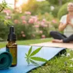 CBD dropper bottle on a rolled yoga mat with a cannabis leaf in a garden, while a woman meditates in the background surrounded by flowers