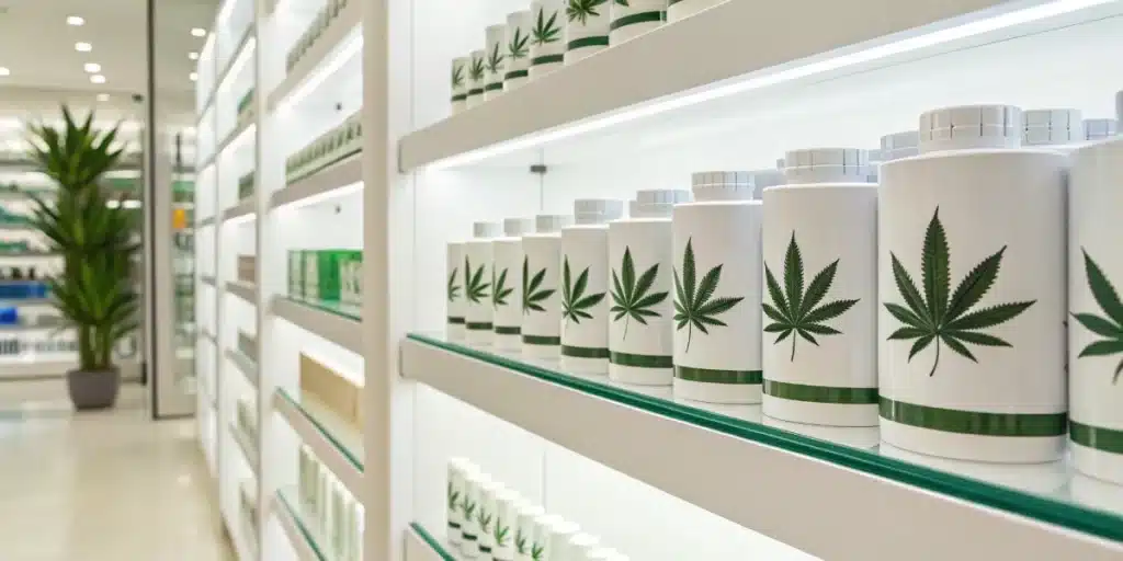 Dispensary shelf showcasing cannabis products for sleep in the elderly, emphasizing quality and clarity.