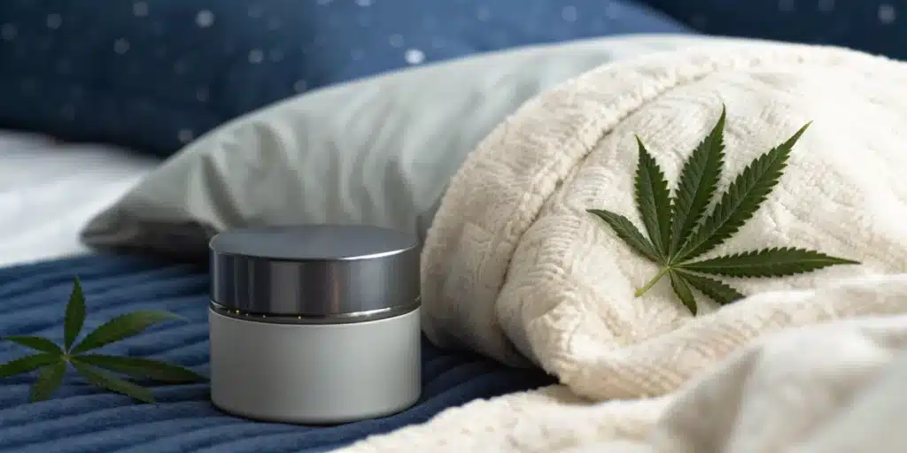 Close-up of a premium cannabis product for sleep in the elderly displayed with calming nighttime elements.