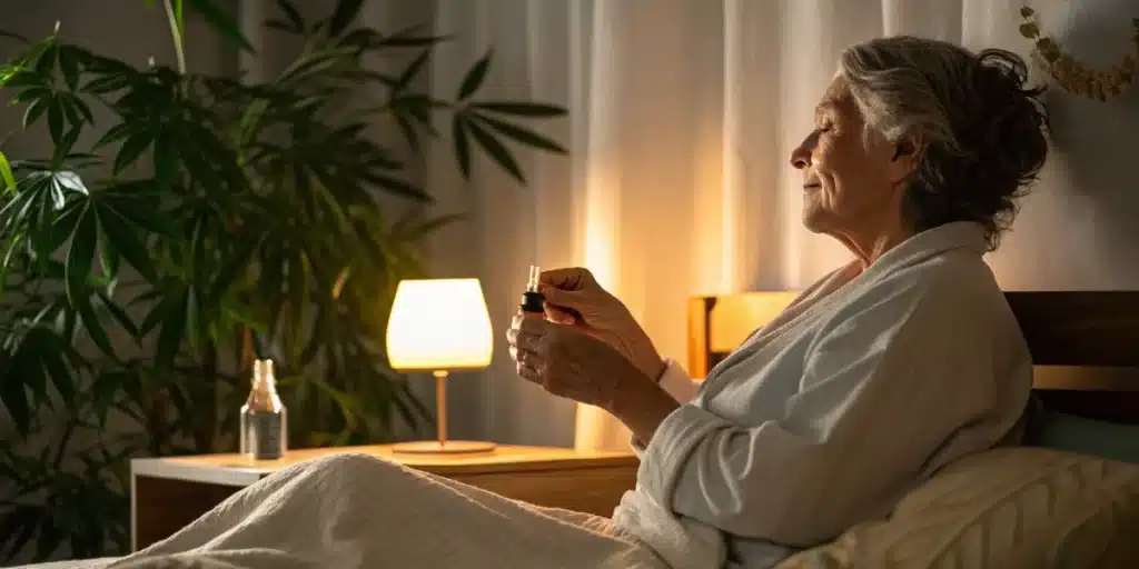 Elderly person using cannabis oil for sleep in a calm, softly lit bedroom.