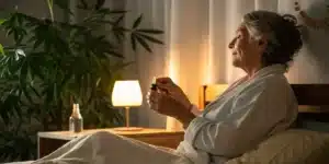 Elderly person using cannabis oil for sleep in a calm, softly lit bedroom.