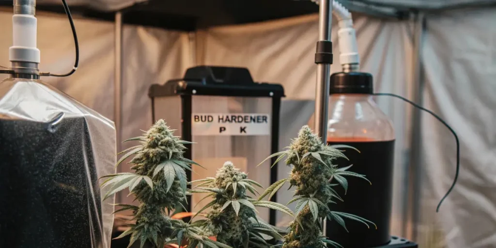Close-up of flowering cannabis plants in a grow tent with bud hardener equipment