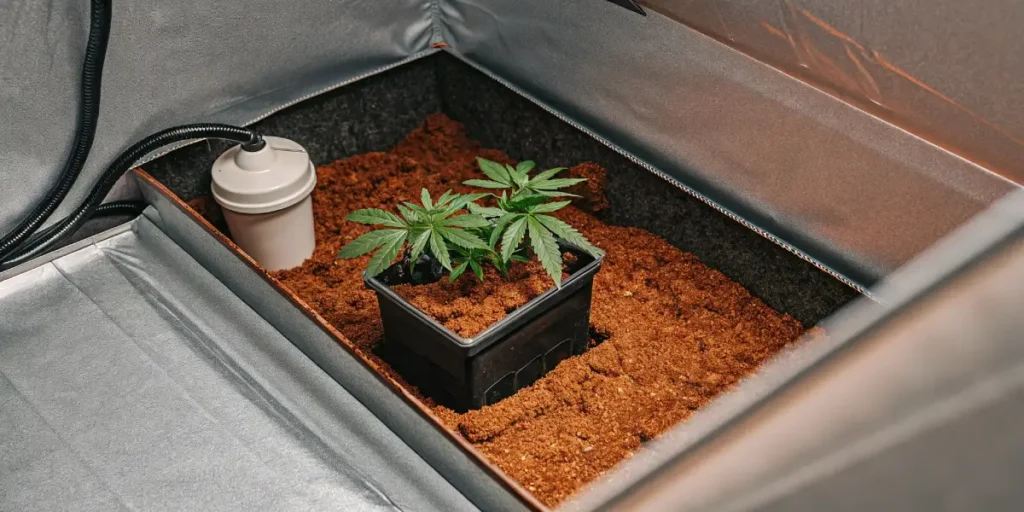 Cannabis seedling growing in a pot inside a grow tent filled with coco substrate