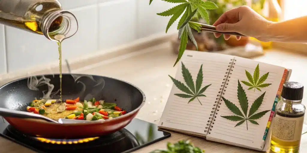 Bottle of olive oil infused with cannabis leaves, surrounded by fresh herbs and vegetables for culinary use.