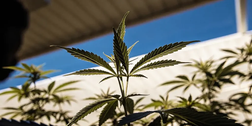 Cannabis leaf silhouette against blue sky and sunlight, outdoor marijuana plant in natural setting