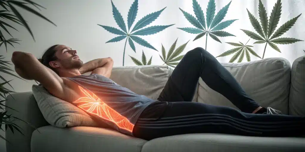 Man relaxing on a couch with a glowing cannabis leaf overlay, illustrating THC's potential role in muscle spasm relief