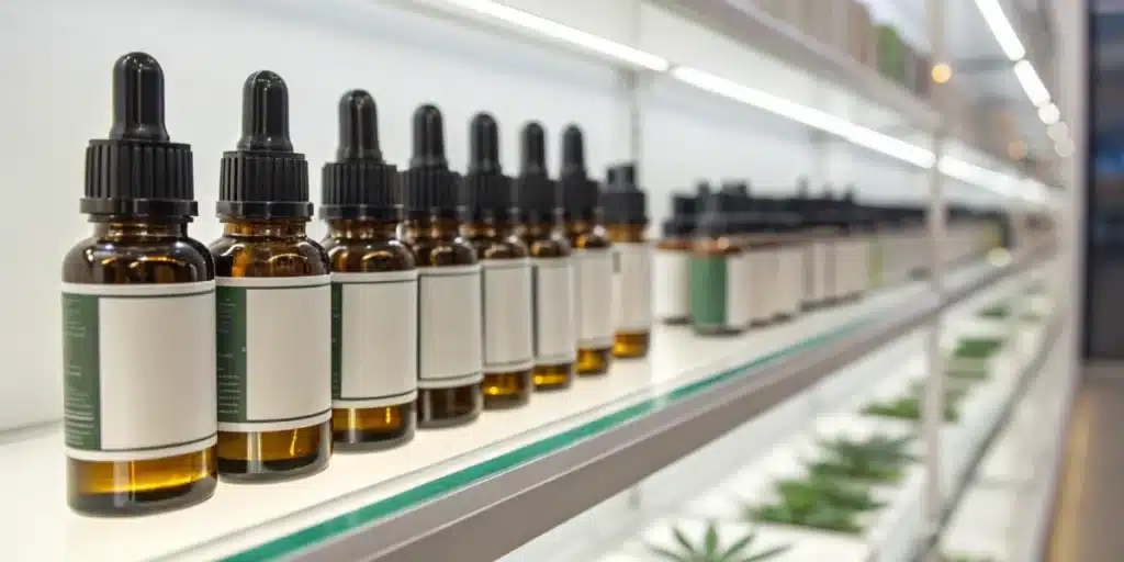 A glass dropper bottle filled with golden cannabis oil rests beside fresh green cannabis leaves on a light surface.